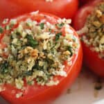 Close up of baked stuffed tomatoes