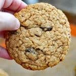 Hand holding a Big & Chewy Vegan Oatmeal Raisin Cookie