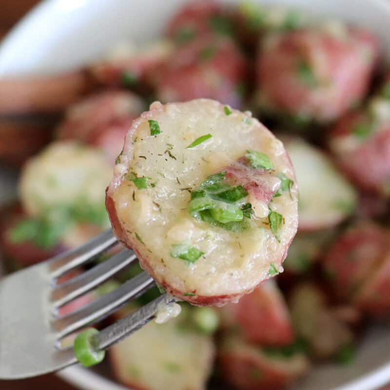 Close up bite of Warm Potato Salad with Dijon Vinaigrette