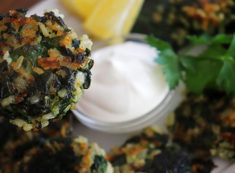 Bite shot of Vegan Spinach and Brown Rice Cakes