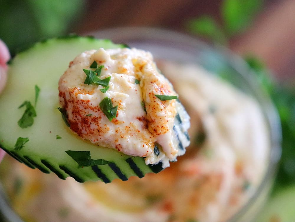 Bite shot of Classic Chickpea Hummus Recipe