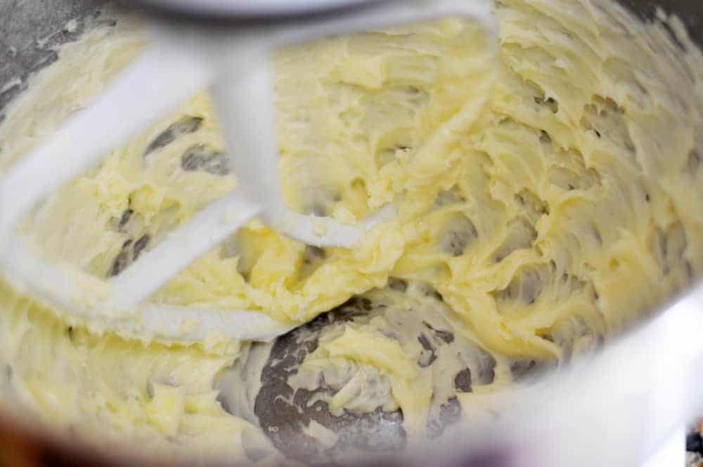 Whipped butter in the bowl of an electric mixer