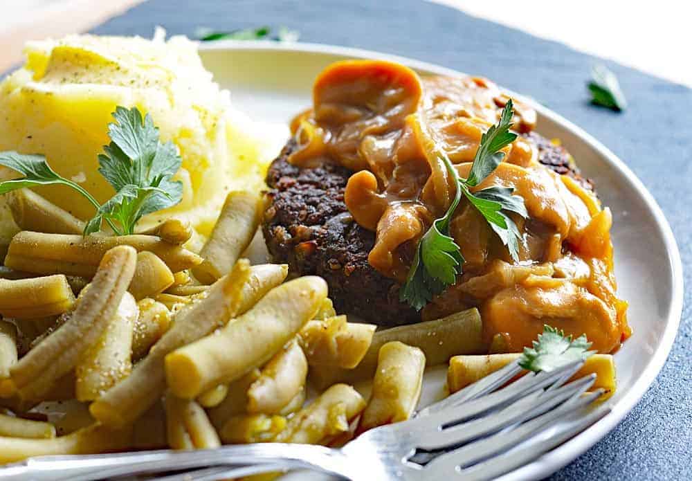 Vegan Hamburger Steaks with Onion Mushroom Gravy