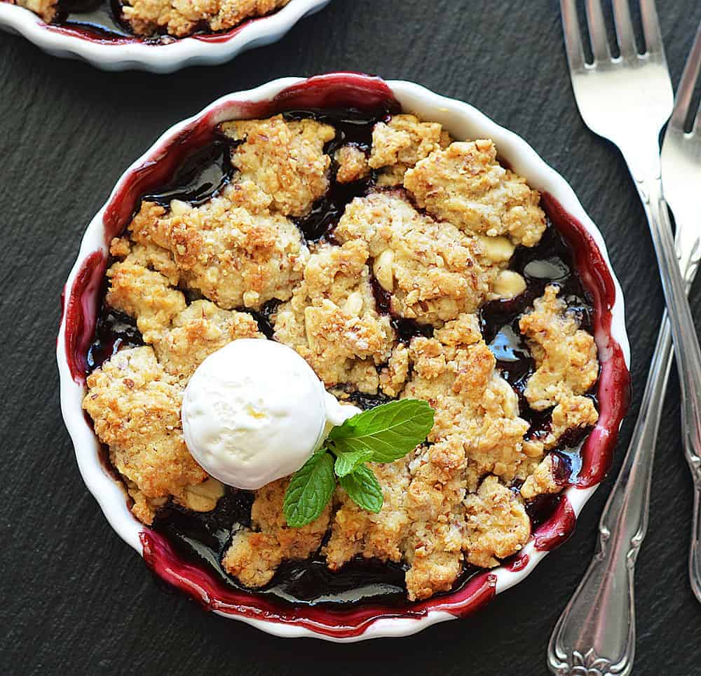 Cherry Cobbler with White Chocolate Almond Biscuit Topping