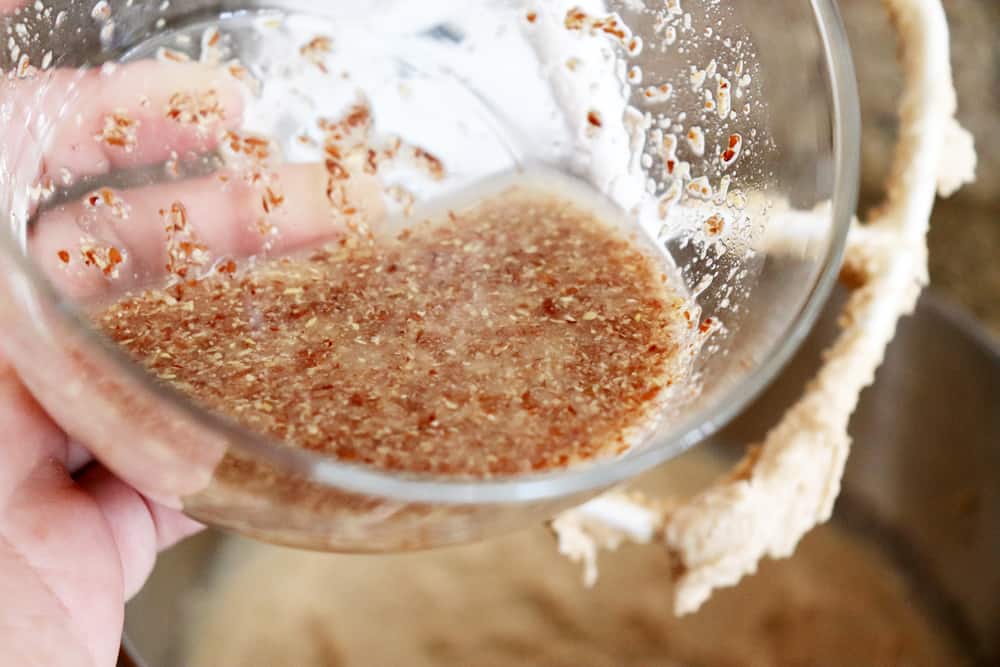 Adding a flax "egg" to the bowl of an electric mixer