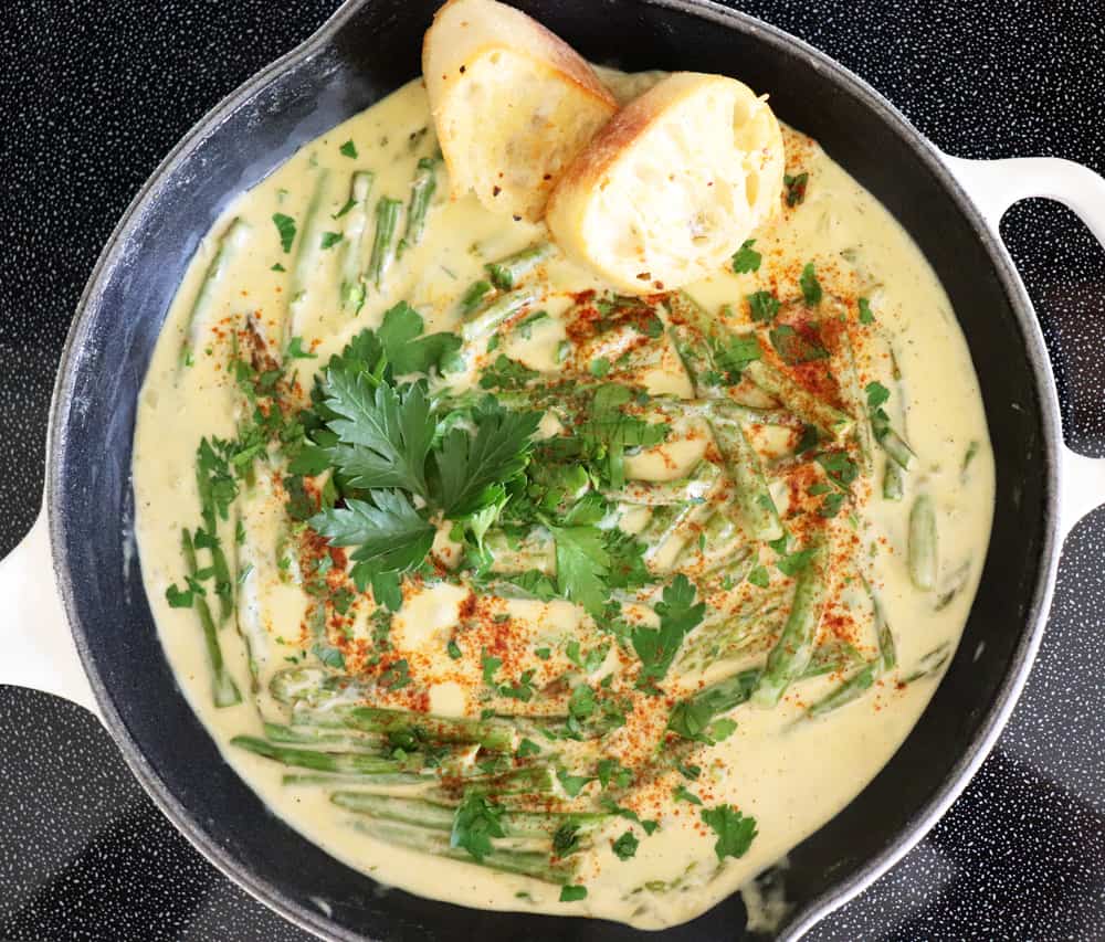 Overhead of Asparagus with Cream Sauce
