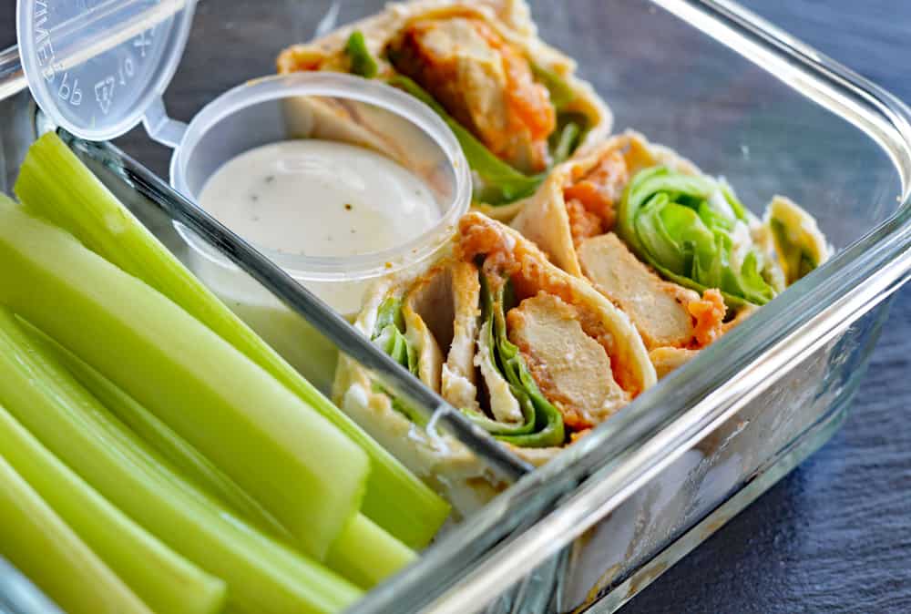 Meal Prepped Vegan Buffalo Crispy Tender Roll Ups