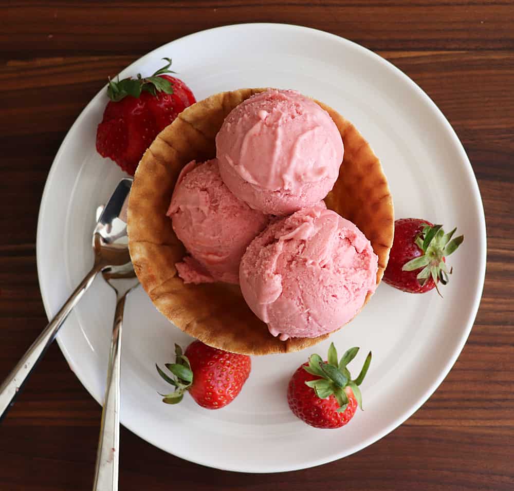 Overhead of finished Vegan Strawberry Rhubarb Ice Cream