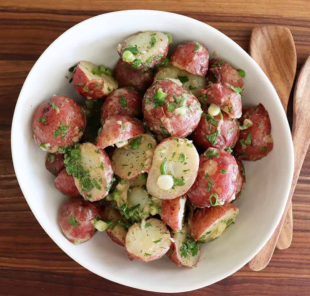 Overhead shot of Warm Potato Salad with Dijon Vinaigrette