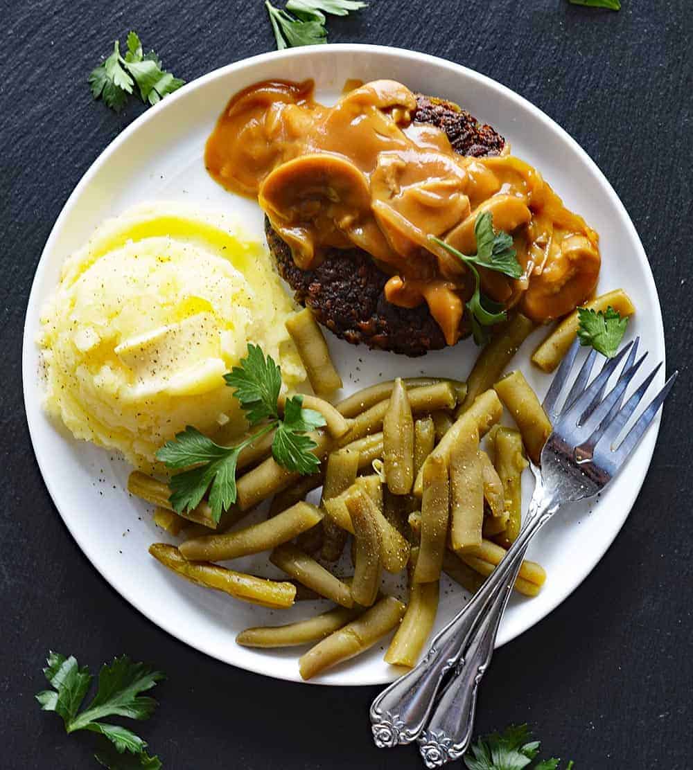 Vegan Hamburger Steaks with Onion Mushroom Gravy