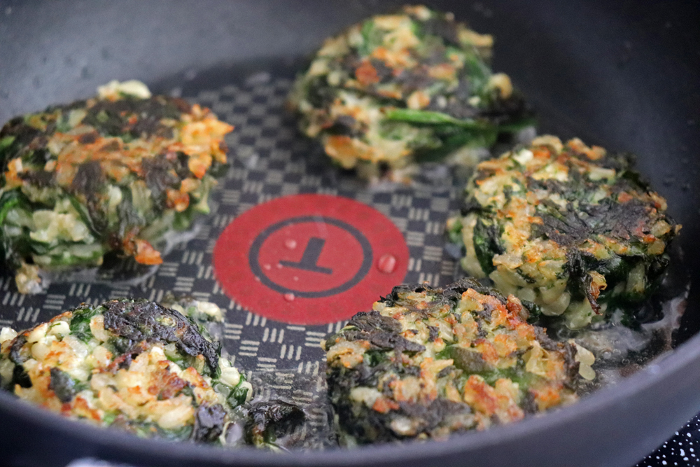 Pan fried Vegan Spinach and Brown Rice Cakes