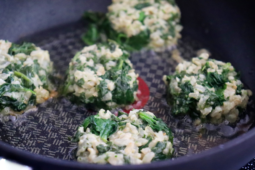 Pan frying the Vegan Spinach and Brown Rice Cakes