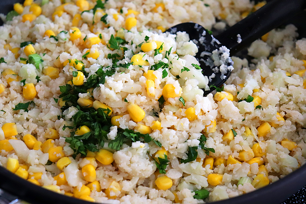 Pan Shot of Vegan Corn Fried Cauliflower Rice