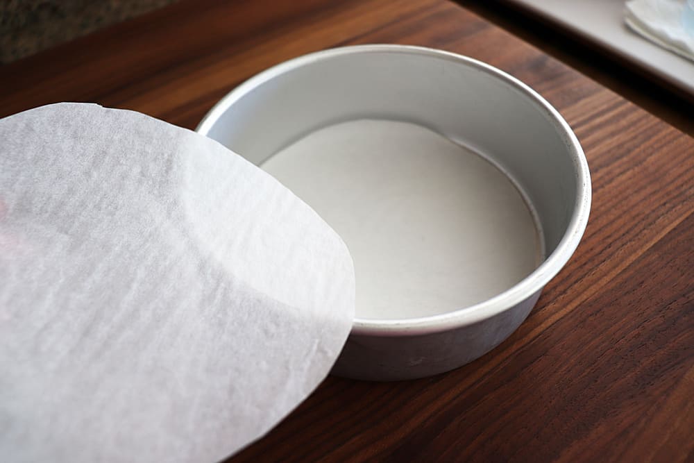 Adding parchment for Vegan Chocolate Mayonnaise Cake