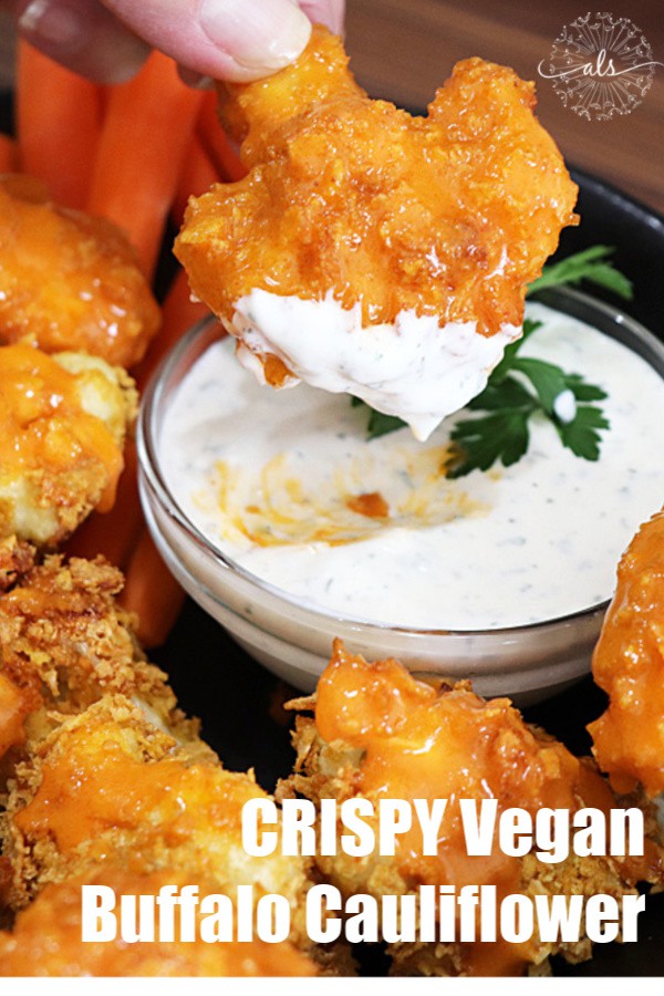 Pinterest Image for Crispy Vegan Buffalo Cauliflower with Homemade Ranch Dip