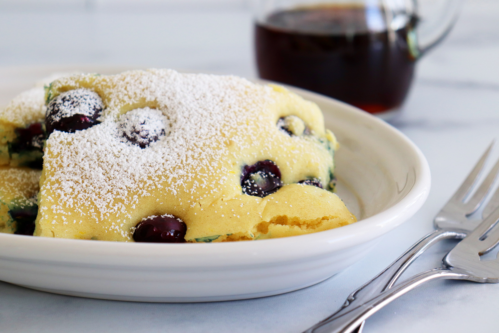 Powdered Sugar Vegan Lemon Blueberry Sheet Pan Pancakes