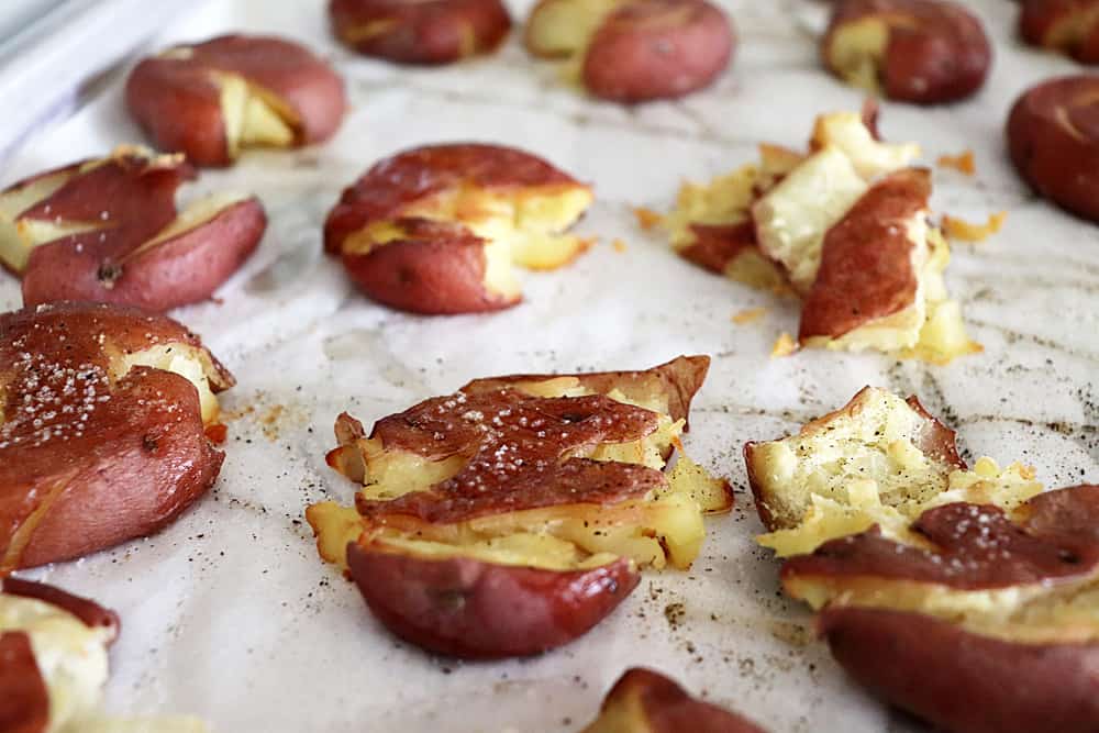 Baked Crispy Smashed Potatoes with Parsley Pesto