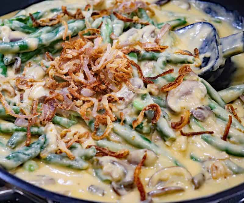 Pan full of Stovetop Green Bean Casserole