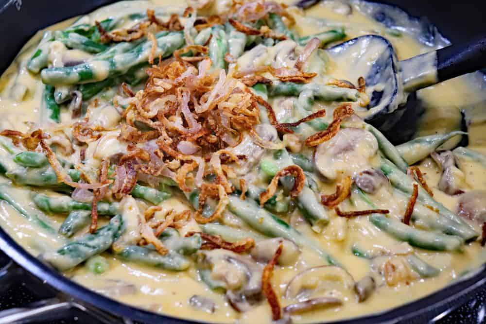Pan full of Stovetop Green Bean Casserole