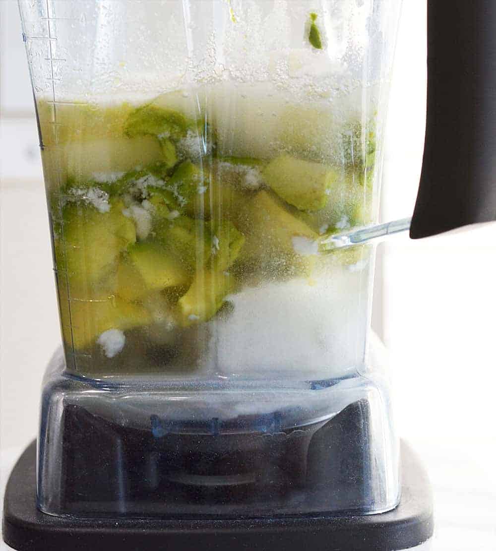 Vitamix full of ingredients for Vegan Avocado Ice Cream Recipe