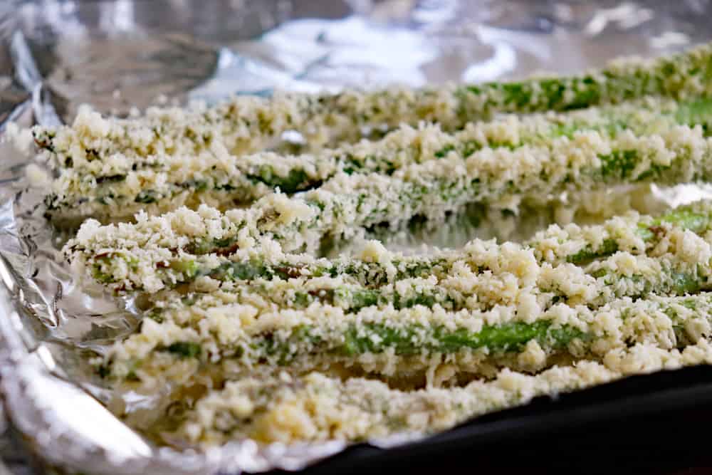 Panko crusted asparagus ready to bake