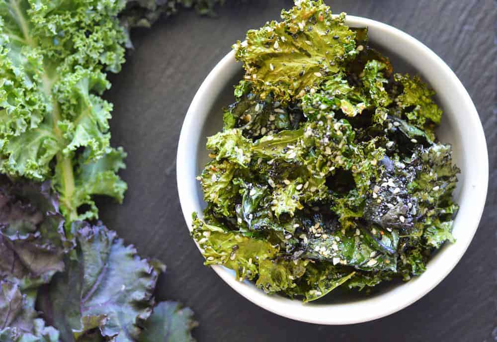 Overhead shot of Everything But The Bagel Kale Chips