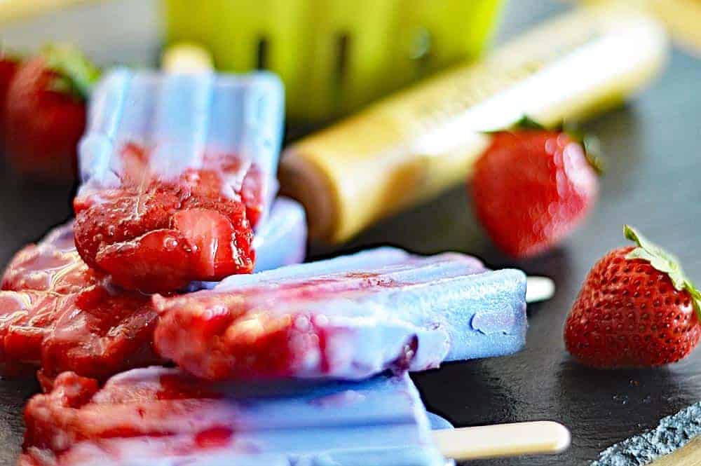 Roasted Strawberry & Blue Matcha Popsicles
